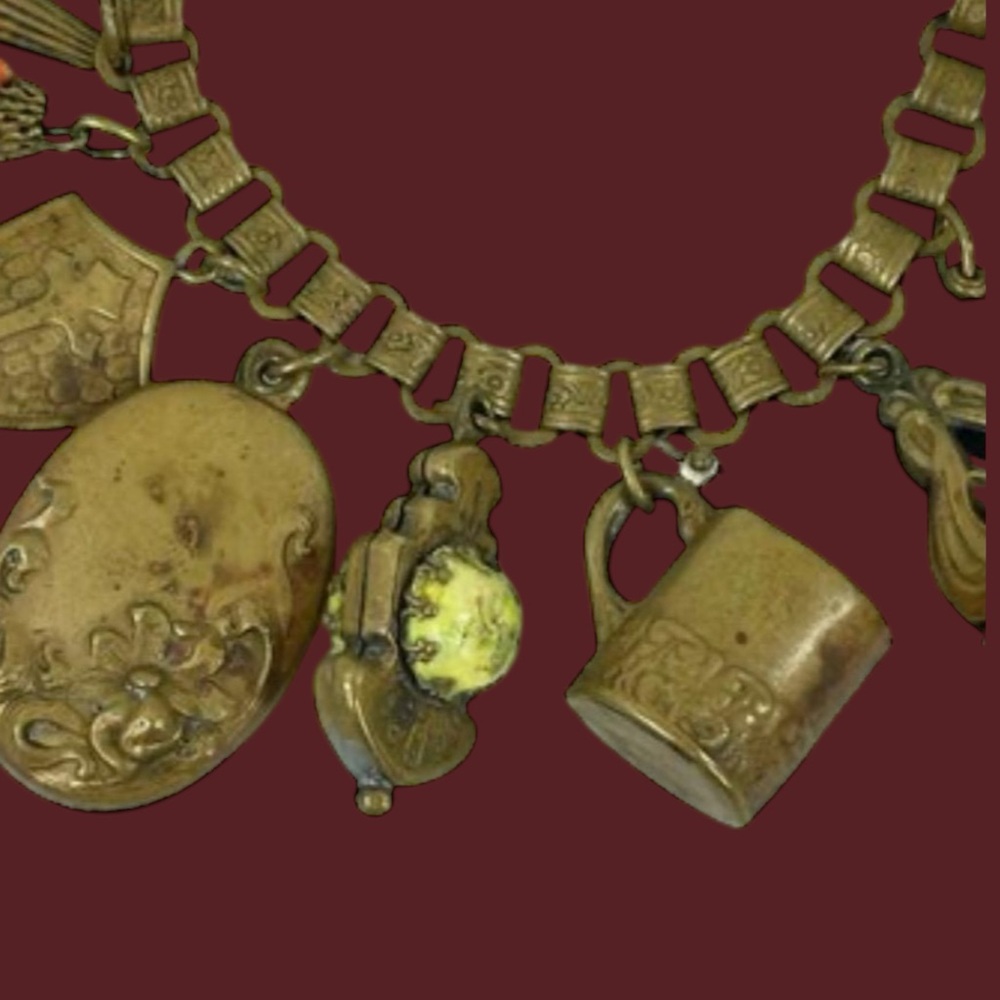 Vintage Brass Charm Bracelet with 13 Unique Charms - Picture 4 of 13
